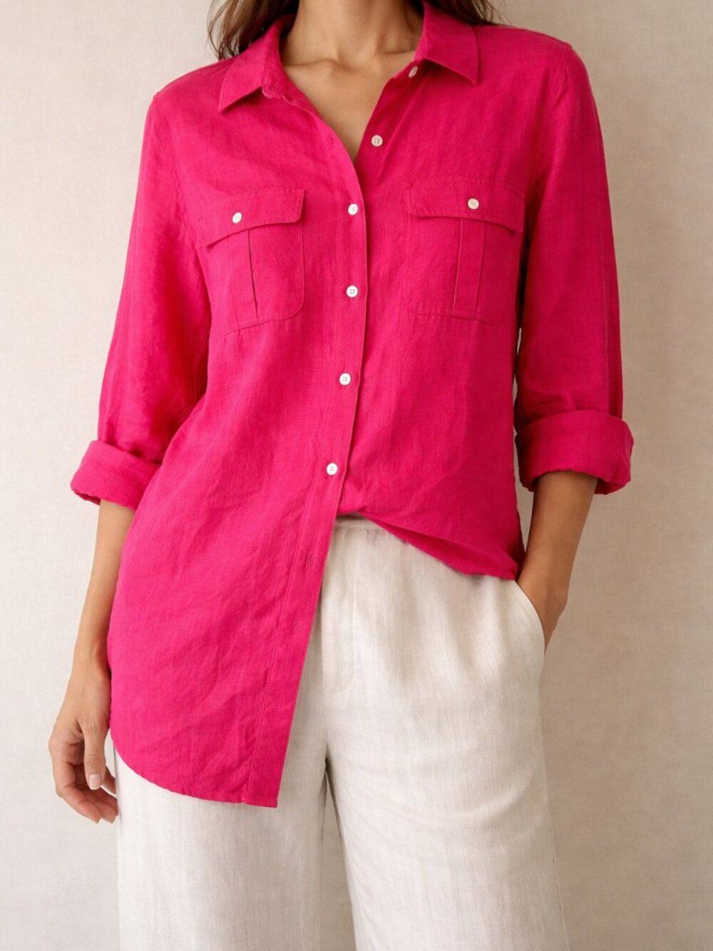 Chico's Petites no iron Size 1/M Linen button shirt 3/4 sleeve pink